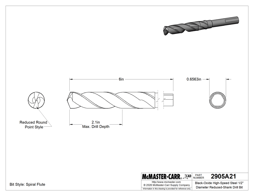 Technical Drawing of Black-Oxide High-Speed Steel 1/2" Diameter Reduced-Shank Drill Bit, with Flats on Shank, 21/32" Size, 6" Overall Length .